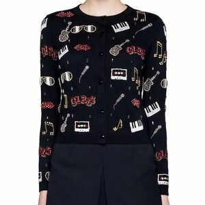 Alice + Olivia Tae Rock & Roll Black Wool Cardigan Sweater | Beaded Music Theme